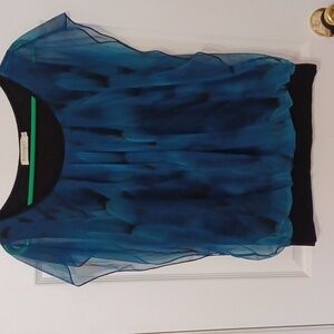 BaiSheng GT, SZ L, flowy, gauzy, semi-sheer blouse in teal & black print.